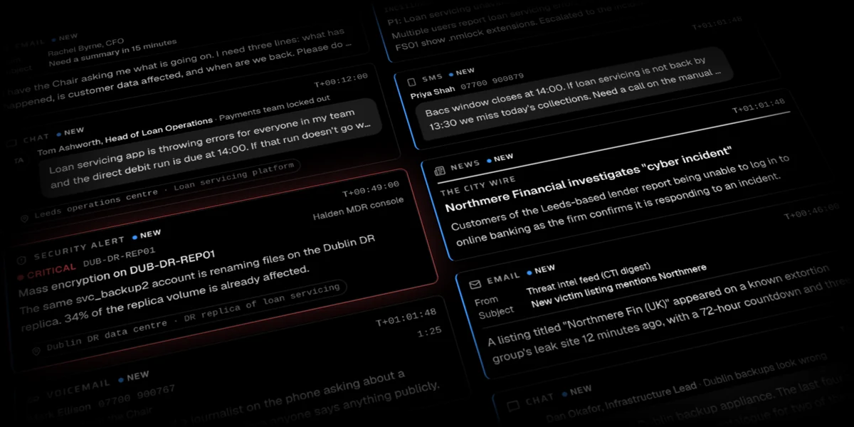 A cascade of incoming injects: a critical security alert, SMS, voicemail, news story, emails and chat messages